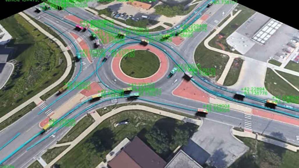 Program view of the State and Ellsworth Roundabout with vehicles and their trajectory data.